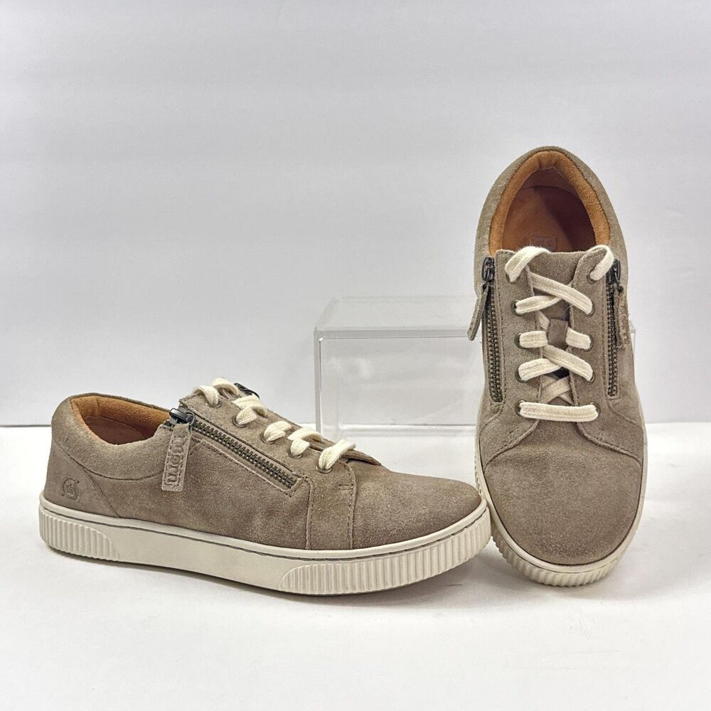 Born Paloma Shoes Womens 7.5 Beige Suede Leather Zip Lace Up Comfort Sneakers
